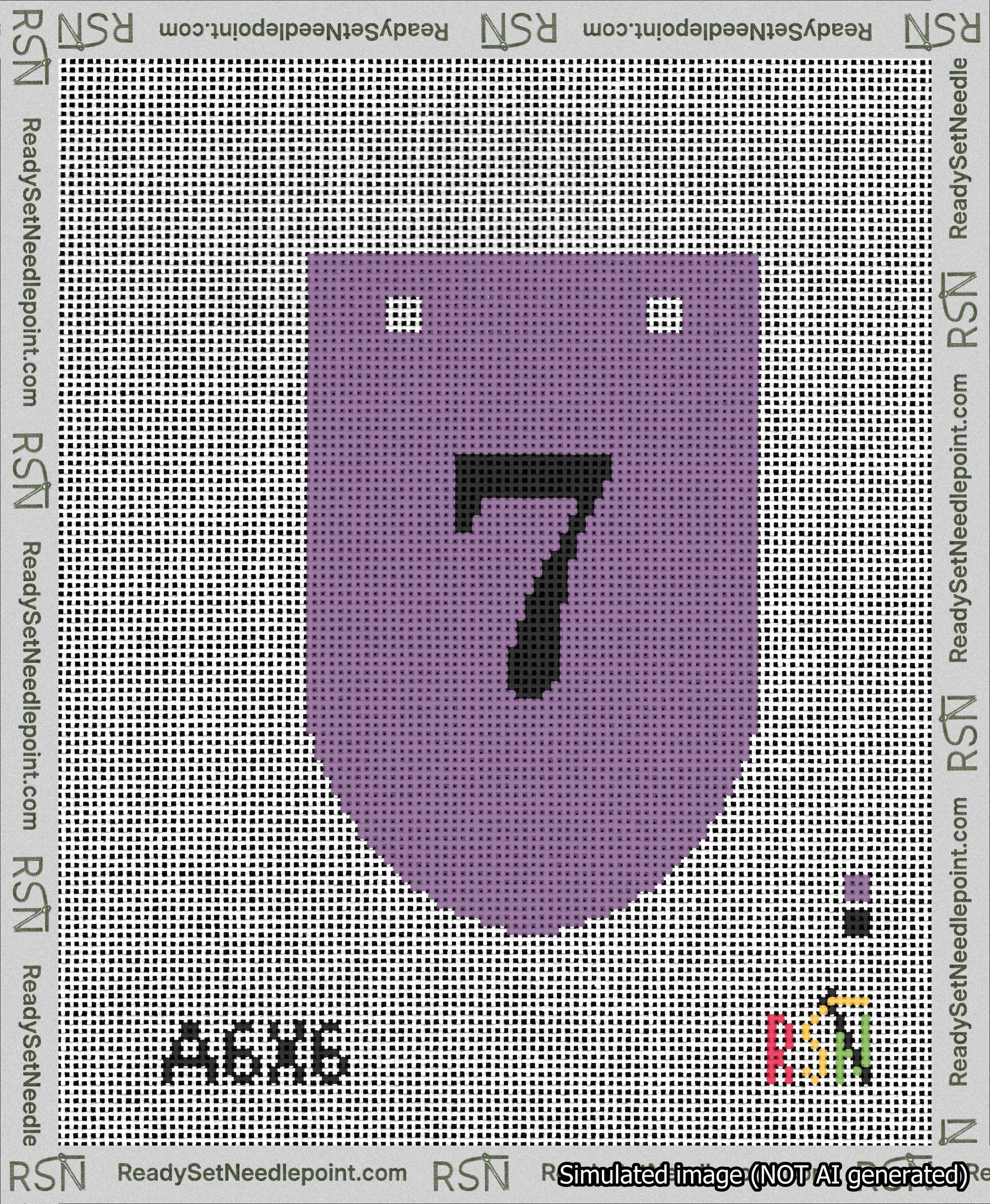 A taped needlepoint canvas with the design: Banner 13 mesh count Rounded 7 Black on Purple.