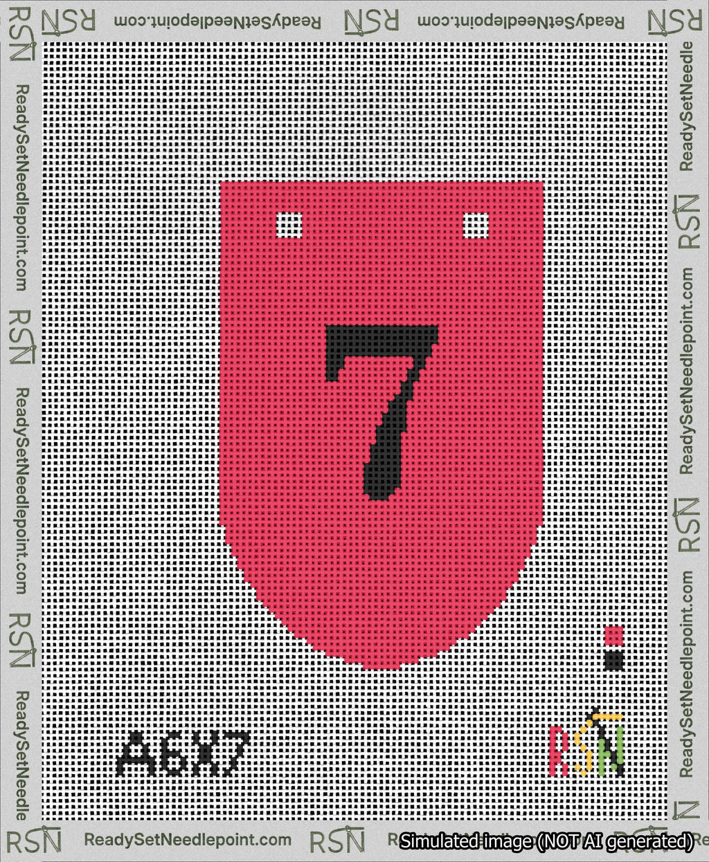 A taped needlepoint canvas with the design: Banner 13 mesh count Rounded 7 Black on Red.
