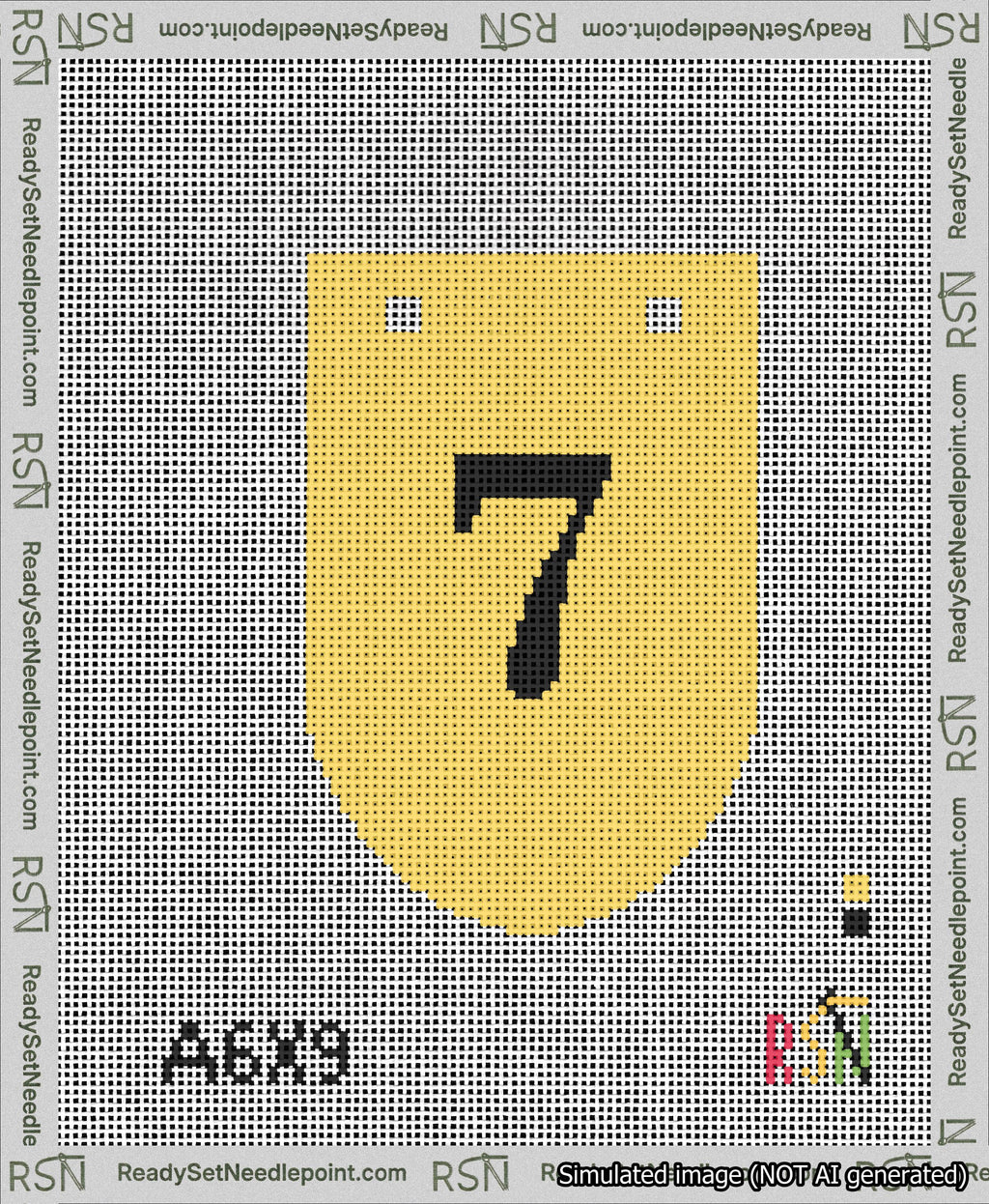 A taped needlepoint canvas with the design: Banner 13 mesh count Rounded 7 Black on Yellow.