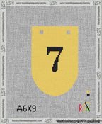 A taped needlepoint canvas with the design: Banner 13 mesh count Rounded 7 Black on Yellow.