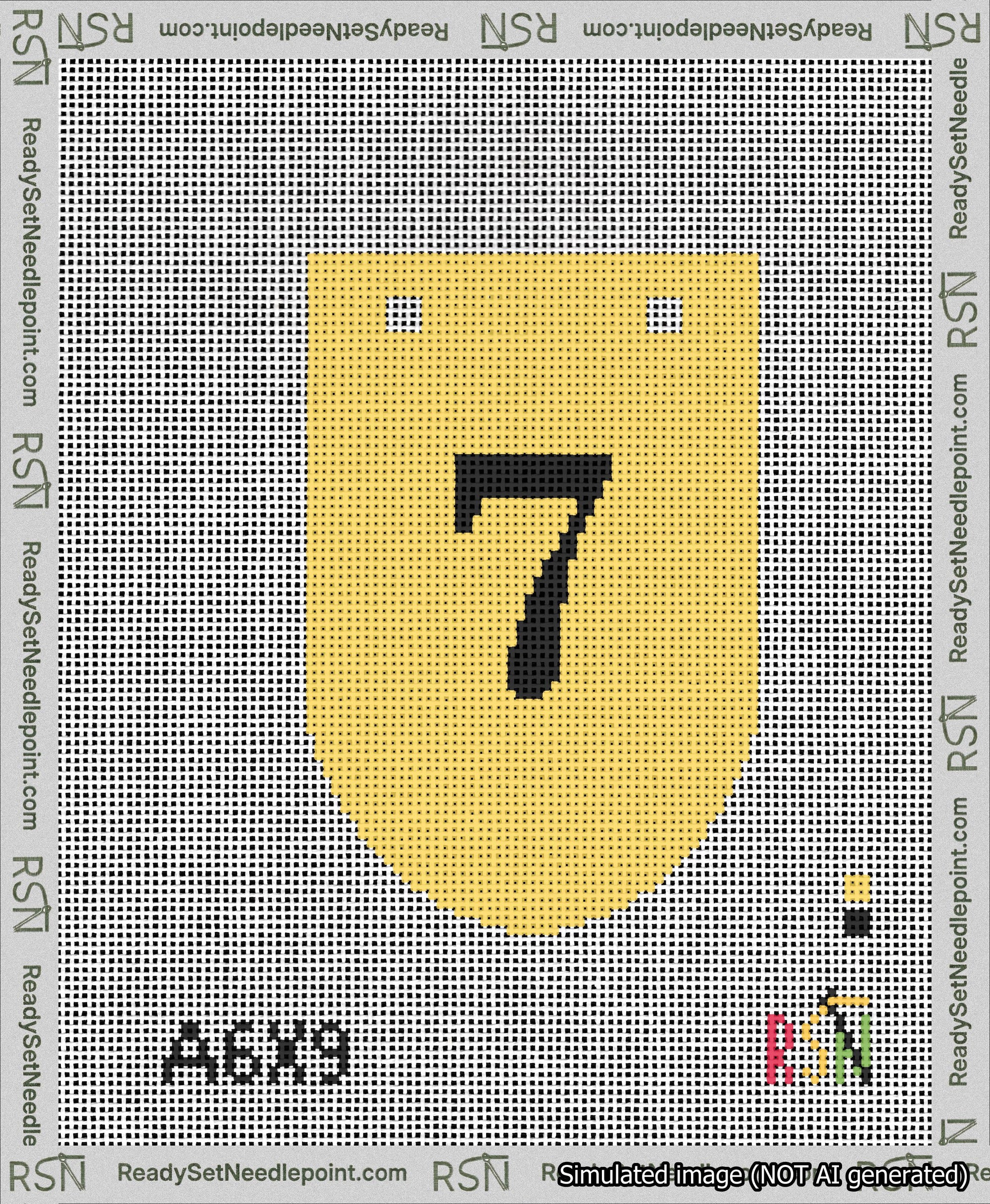 A taped needlepoint canvas with the design: Banner 13 mesh count Rounded 7 Black on Yellow.