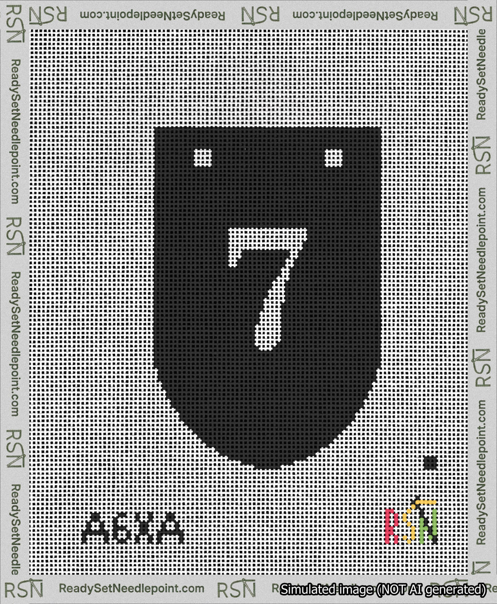 A taped needlepoint canvas with the design: Banner 13 mesh count Rounded 7 White on Black.
