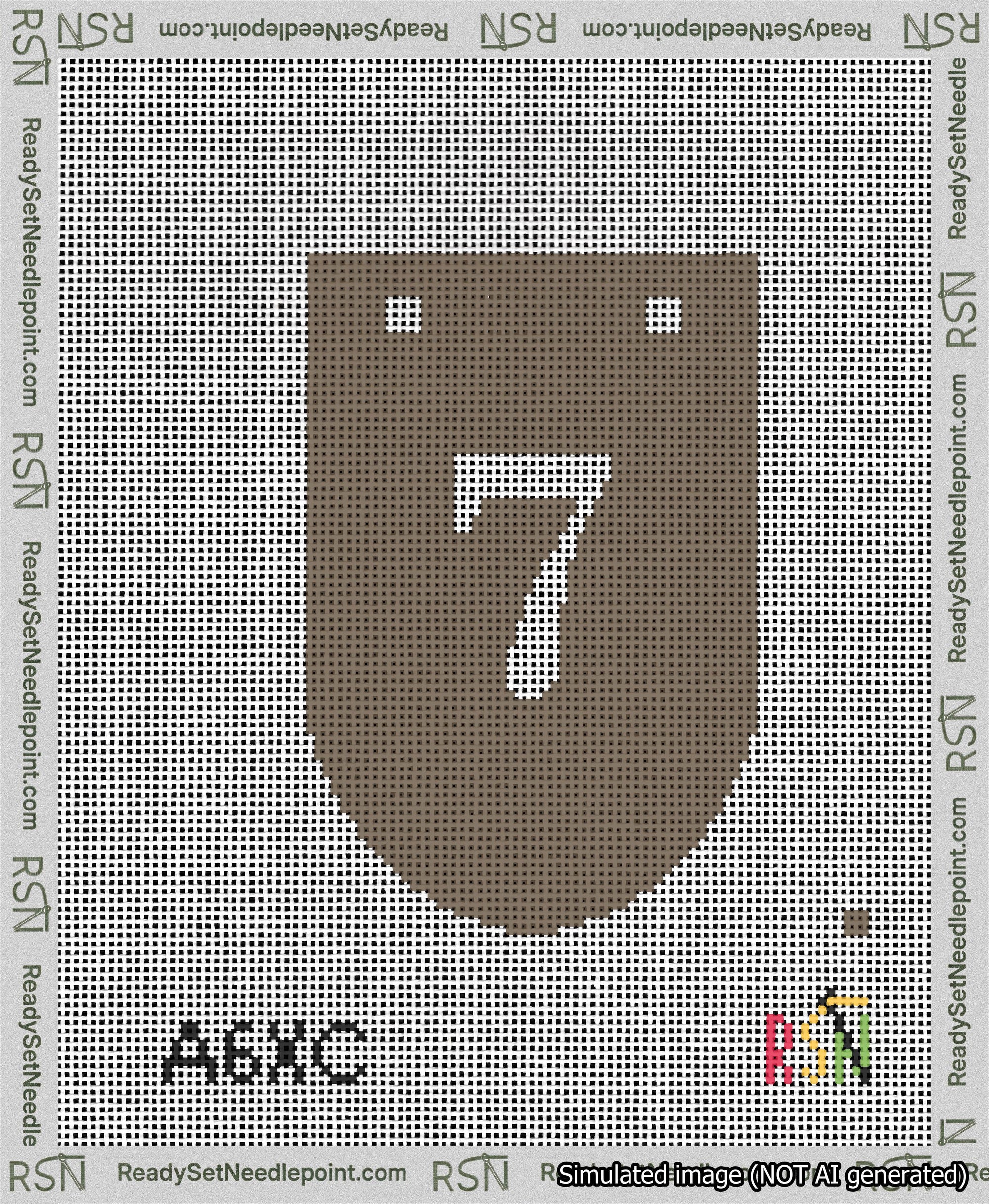 A taped needlepoint canvas with the design: Banner 13 mesh count Rounded 7 White on Brown.