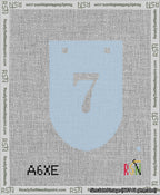 A taped needlepoint canvas with the design: Banner 13 mesh count Rounded 7 White on Light Blue.