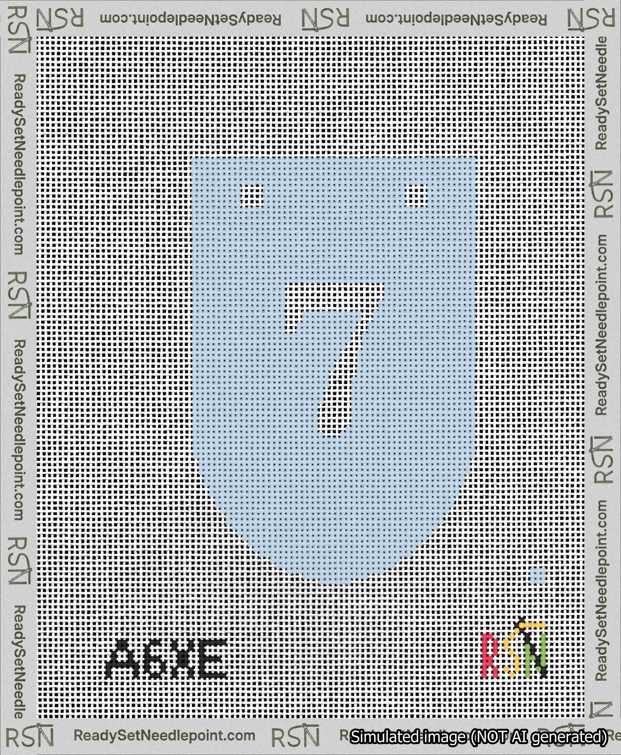 A taped needlepoint canvas with the design: Banner 13 mesh count Rounded 7 White on Light Blue.