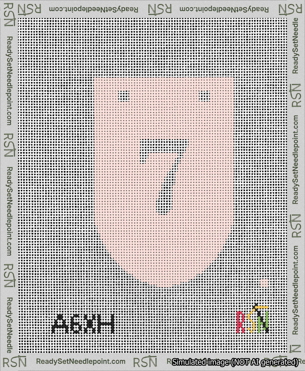 A taped needlepoint canvas with the design: Banner 13 mesh count Rounded 7 White on Pink.