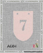 A taped needlepoint canvas with the design: Banner 13 mesh count Rounded 7 White on Pink.