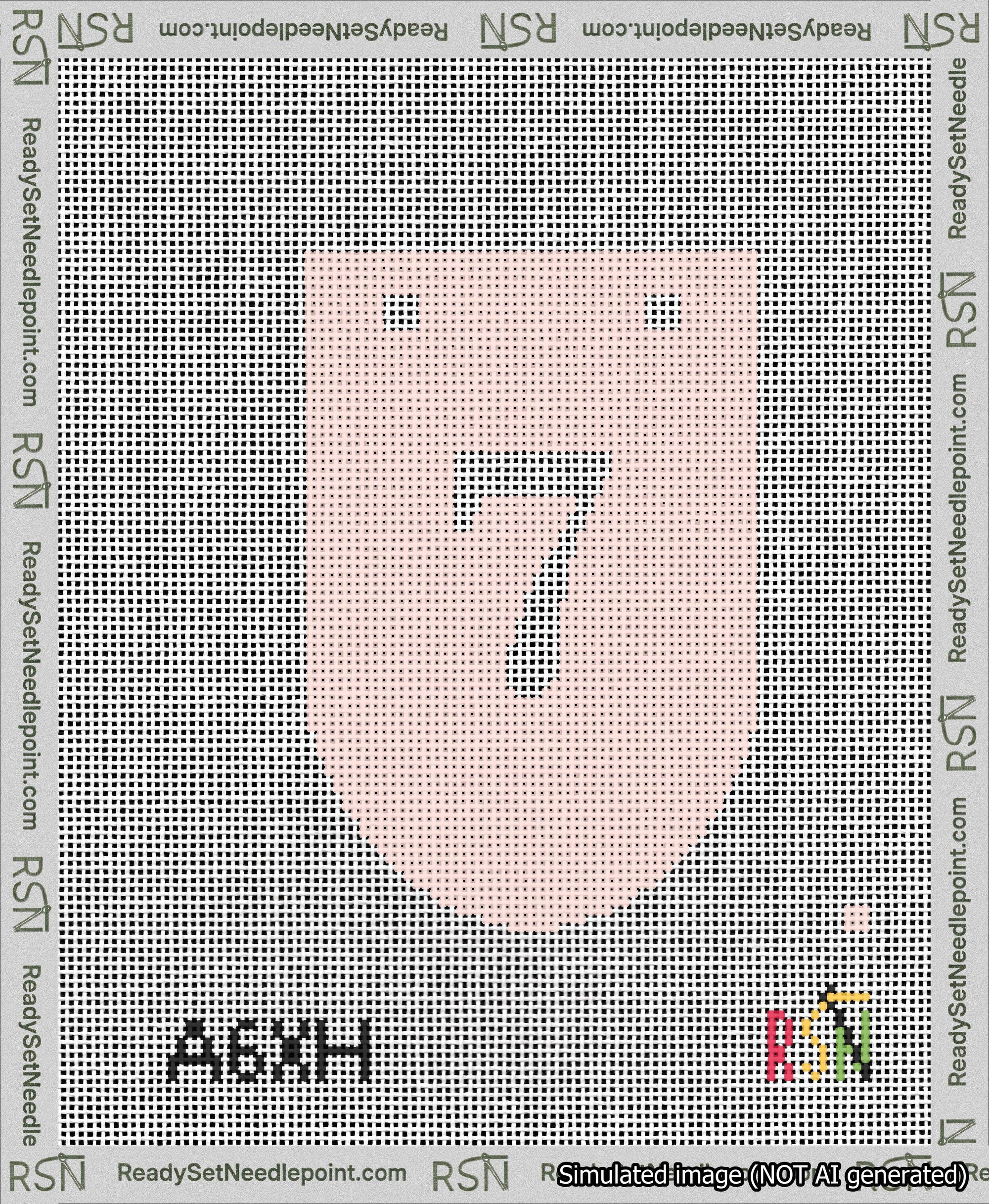 A taped needlepoint canvas with the design: Banner 13 mesh count Rounded 7 White on Pink.