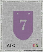 A taped needlepoint canvas with the design: Banner 13 mesh count Rounded 7 White on Purple.