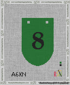 A taped needlepoint canvas with the design: Banner 13 mesh count Rounded 8 Black on Green.