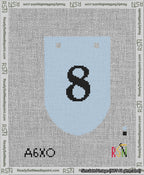 A taped needlepoint canvas with the design: Banner 13 mesh count Rounded 8 Black on Light Blue.