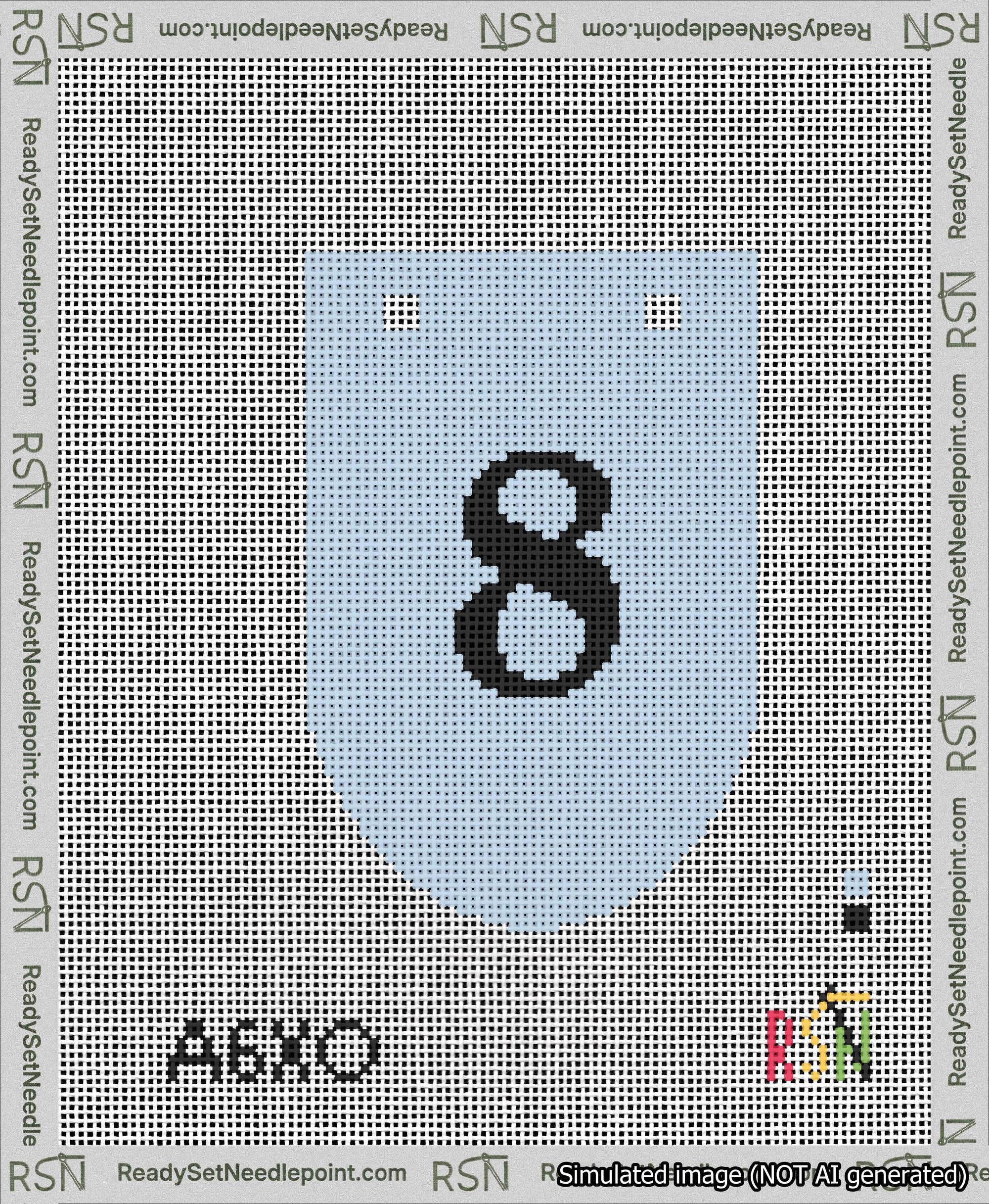A taped needlepoint canvas with the design: Banner 13 mesh count Rounded 8 Black on Light Blue.