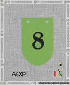 A taped needlepoint canvas with the design: Banner 13 mesh count Rounded 8 Black on Light Green.