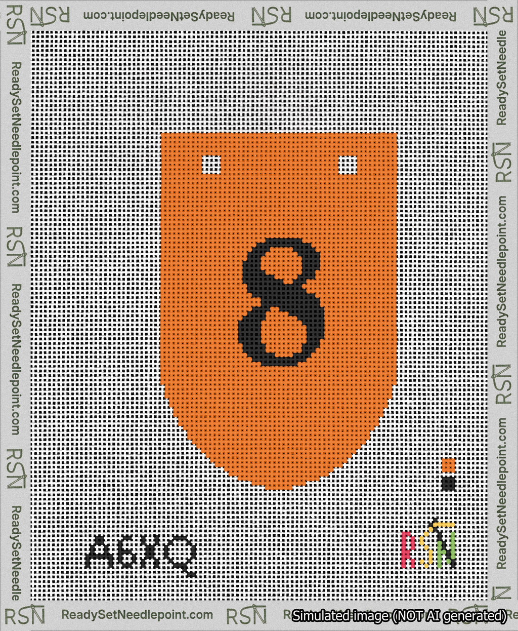 A taped needlepoint canvas with the design: Banner 13 mesh count Rounded 8 Black on Orange.