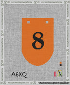 A taped needlepoint canvas with the design: Banner 13 mesh count Rounded 8 Black on Orange.