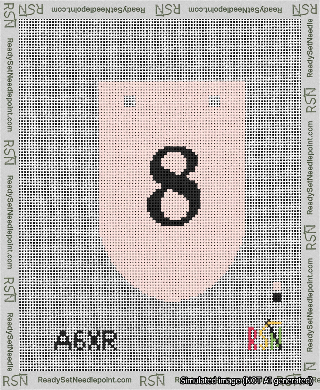 A taped needlepoint canvas with the design: Banner 13 mesh count Rounded 8 Black on Pink.