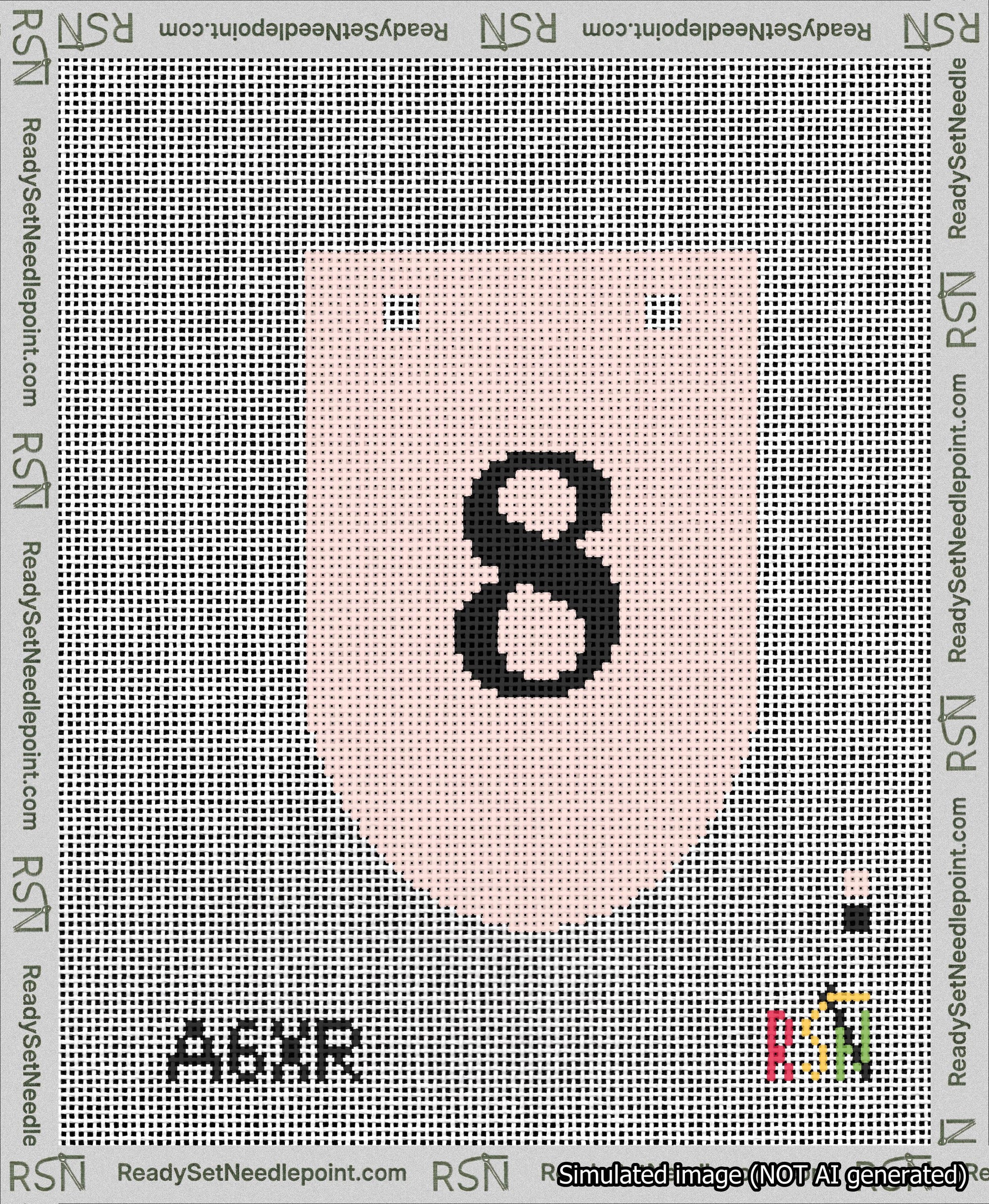 A taped needlepoint canvas with the design: Banner 13 mesh count Rounded 8 Black on Pink.