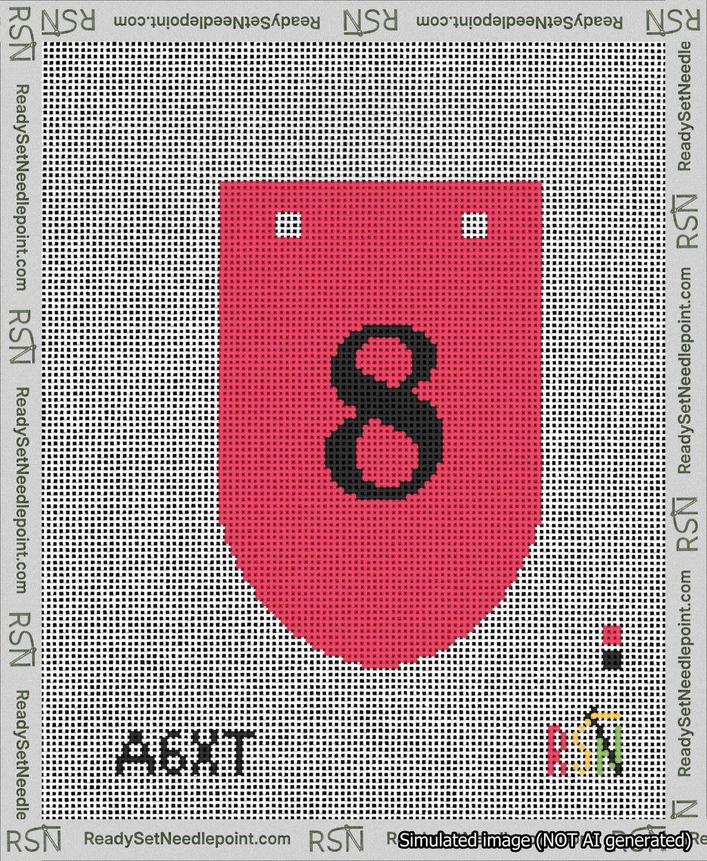 A taped needlepoint canvas with the design: Banner 13 mesh count Rounded 8 Black on Red.