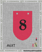 A taped needlepoint canvas with the design: Banner 13 mesh count Rounded 8 Black on Red.