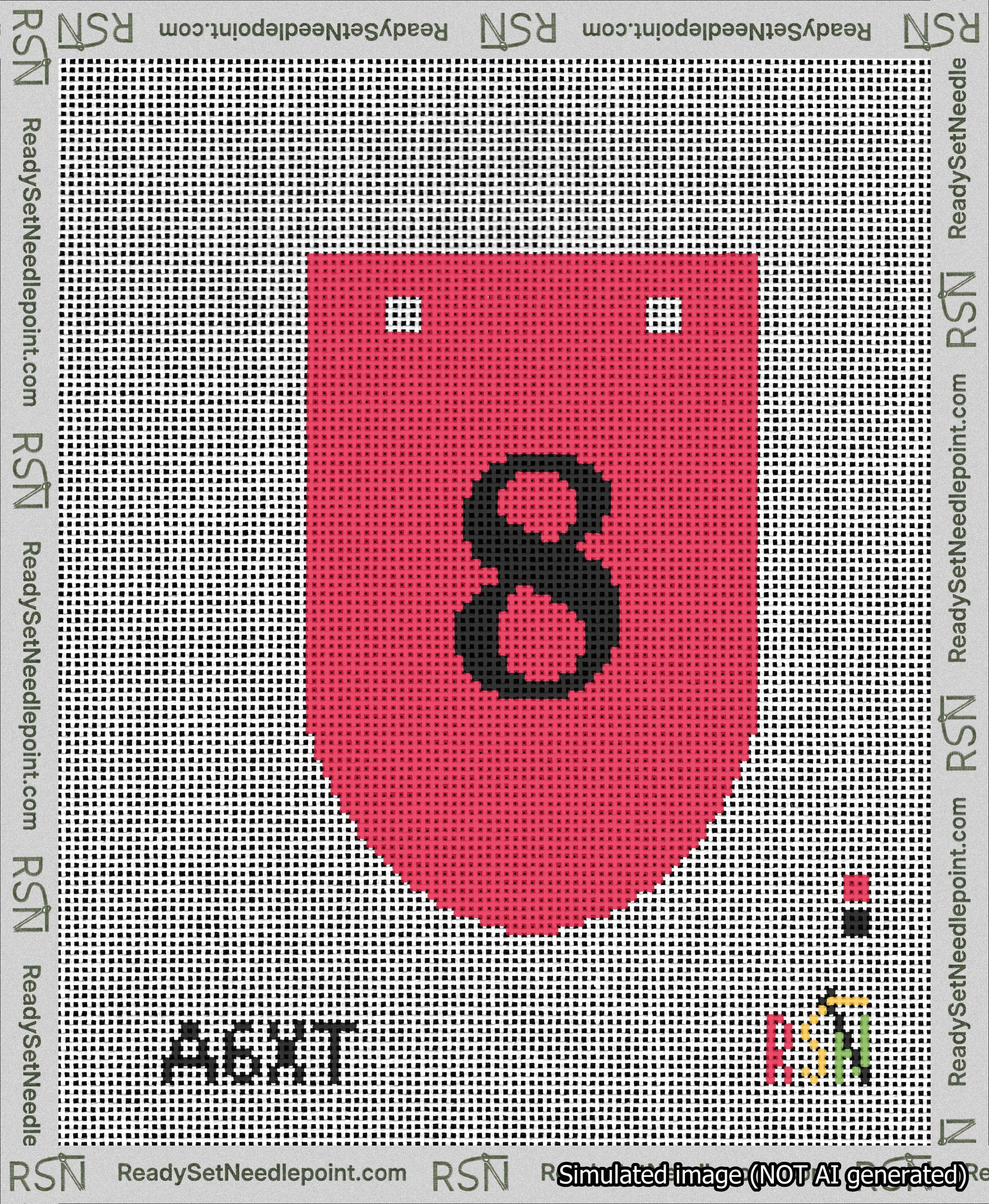 A taped needlepoint canvas with the design: Banner 13 mesh count Rounded 8 Black on Red.