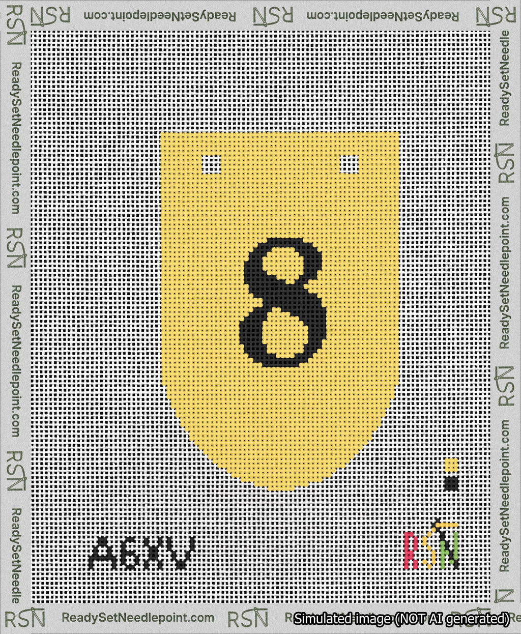 A taped needlepoint canvas with the design: Banner 13 mesh count Rounded 8 Black on Yellow.