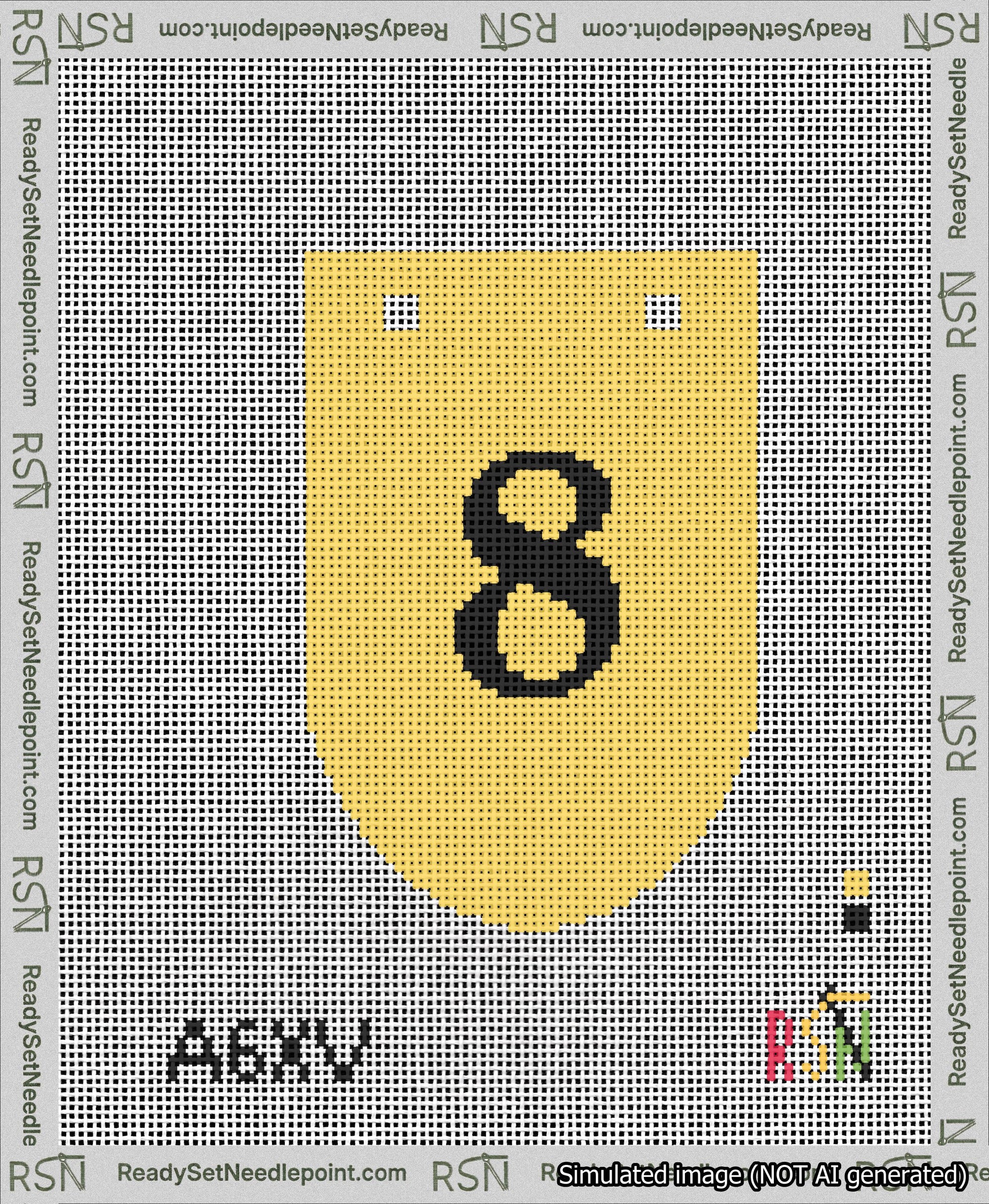 A taped needlepoint canvas with the design: Banner 13 mesh count Rounded 8 Black on Yellow.