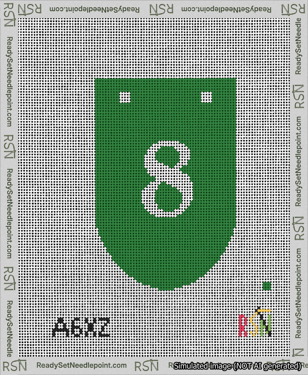 A taped needlepoint canvas with the design: Banner 13 mesh count Rounded 8 White on Green.