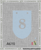 A taped needlepoint canvas with the design: Banner 13 mesh count Rounded 8 White on Light Blue.