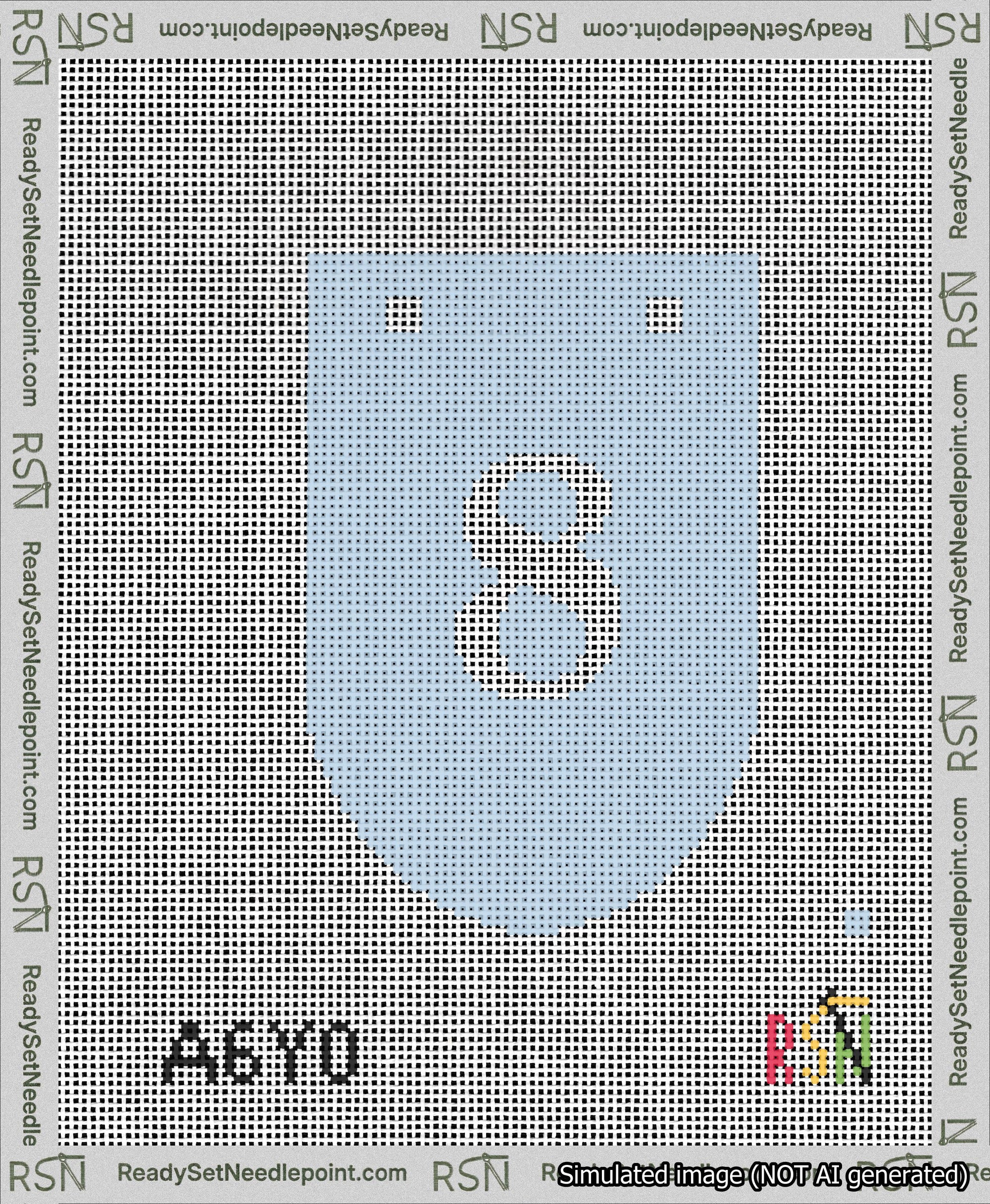 A taped needlepoint canvas with the design: Banner 13 mesh count Rounded 8 White on Light Blue.