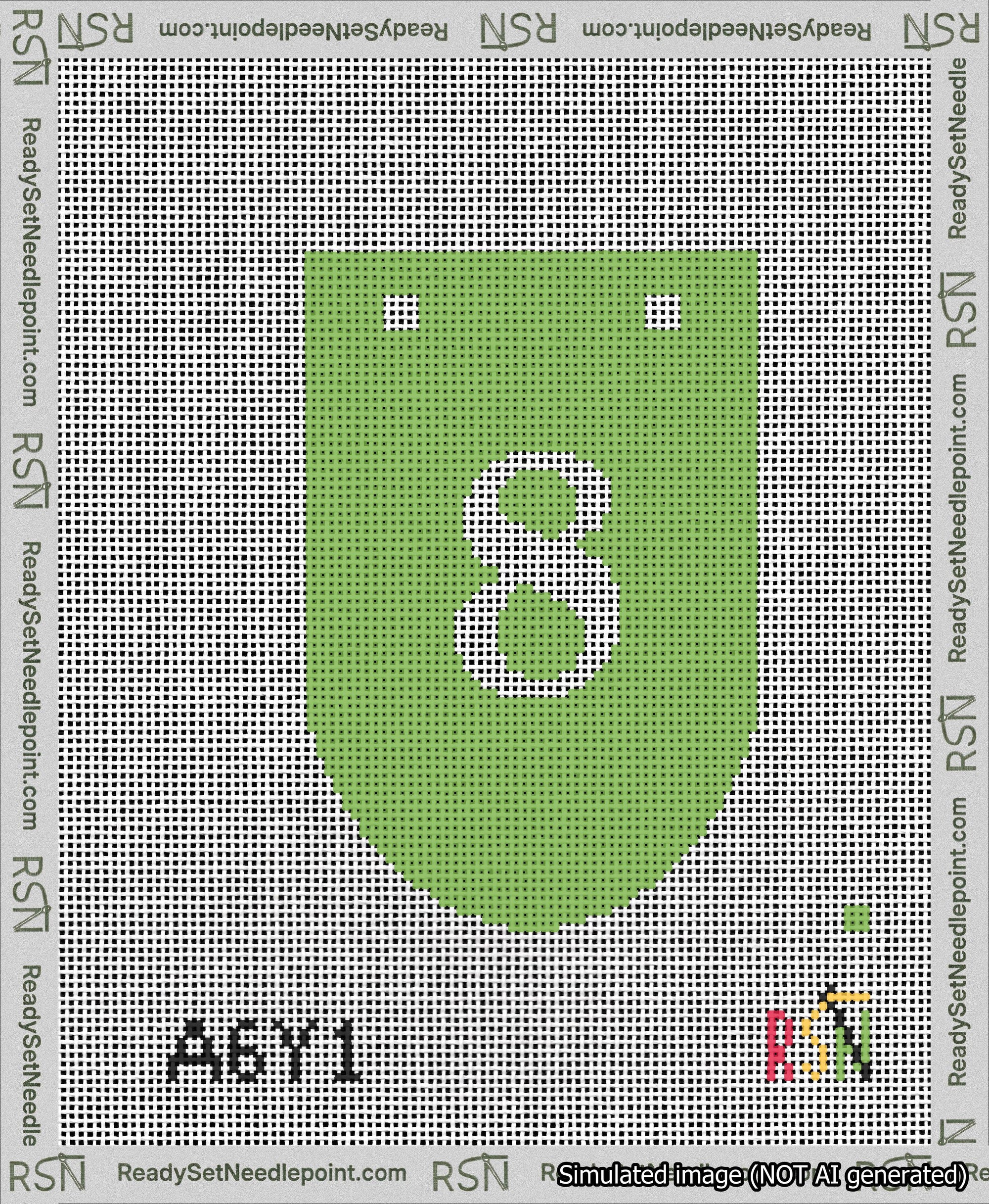 A taped needlepoint canvas with the design: Banner 13 mesh count Rounded 8 White on Light Green.