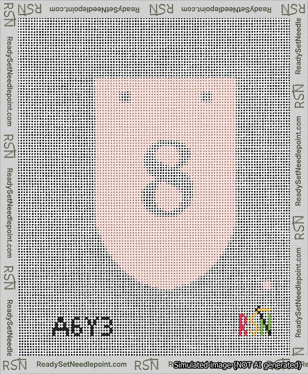 A taped needlepoint canvas with the design: Banner 13 mesh count Rounded 8 White on Pink.