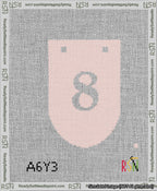 A taped needlepoint canvas with the design: Banner 13 mesh count Rounded 8 White on Pink.