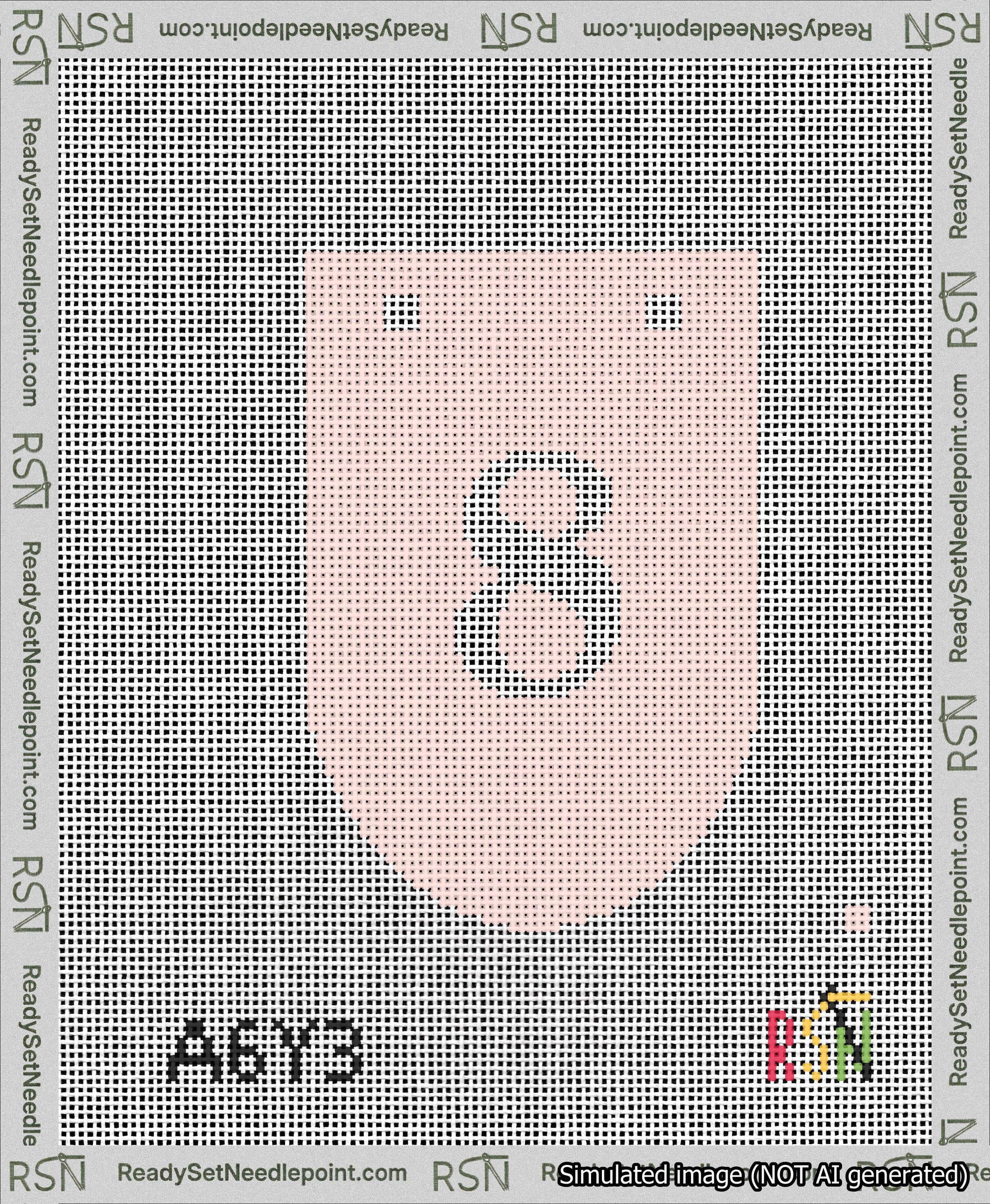A taped needlepoint canvas with the design: Banner 13 mesh count Rounded 8 White on Pink.