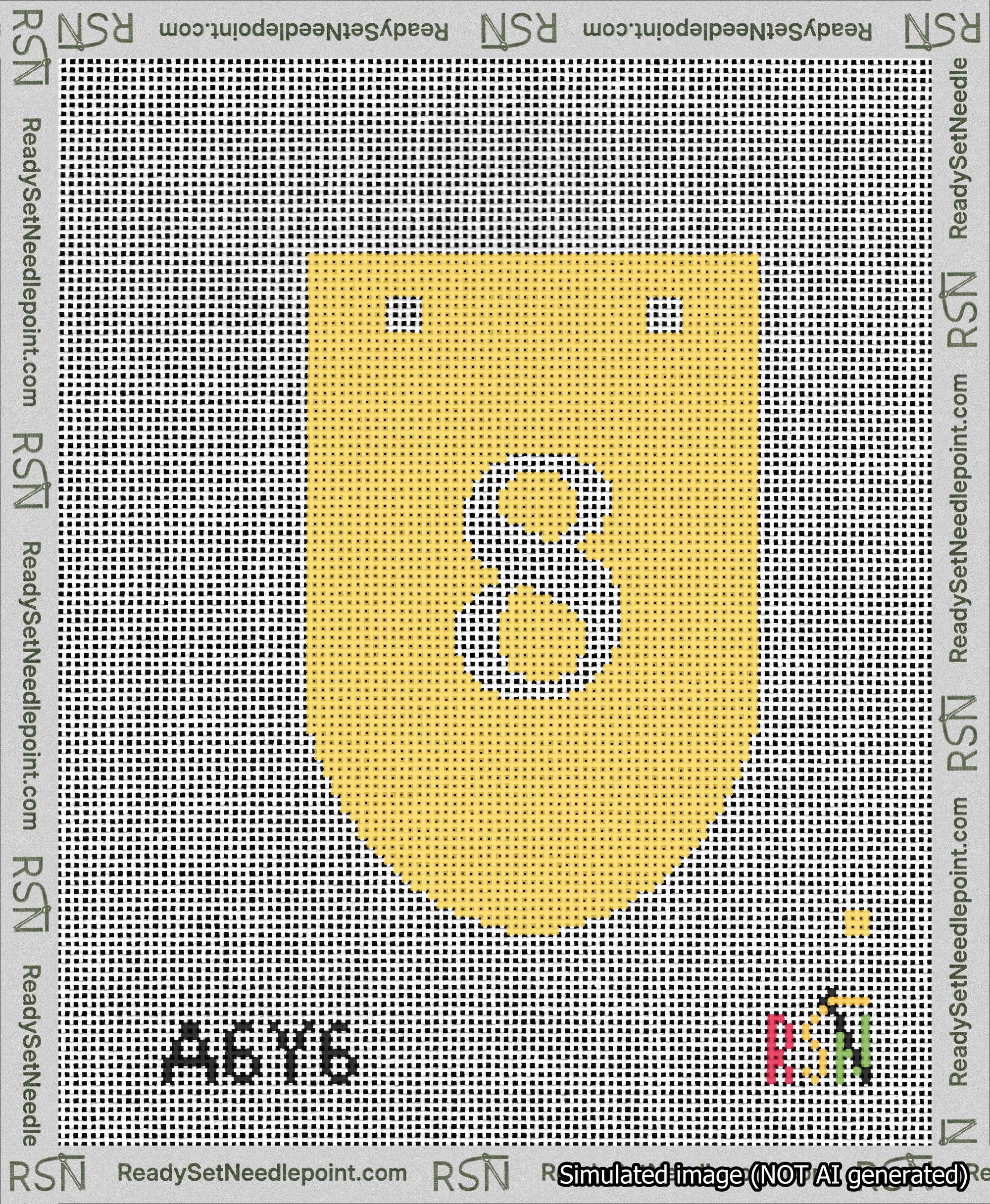 A taped needlepoint canvas with the design: Banner 13 mesh count Rounded 8 White on Yellow.