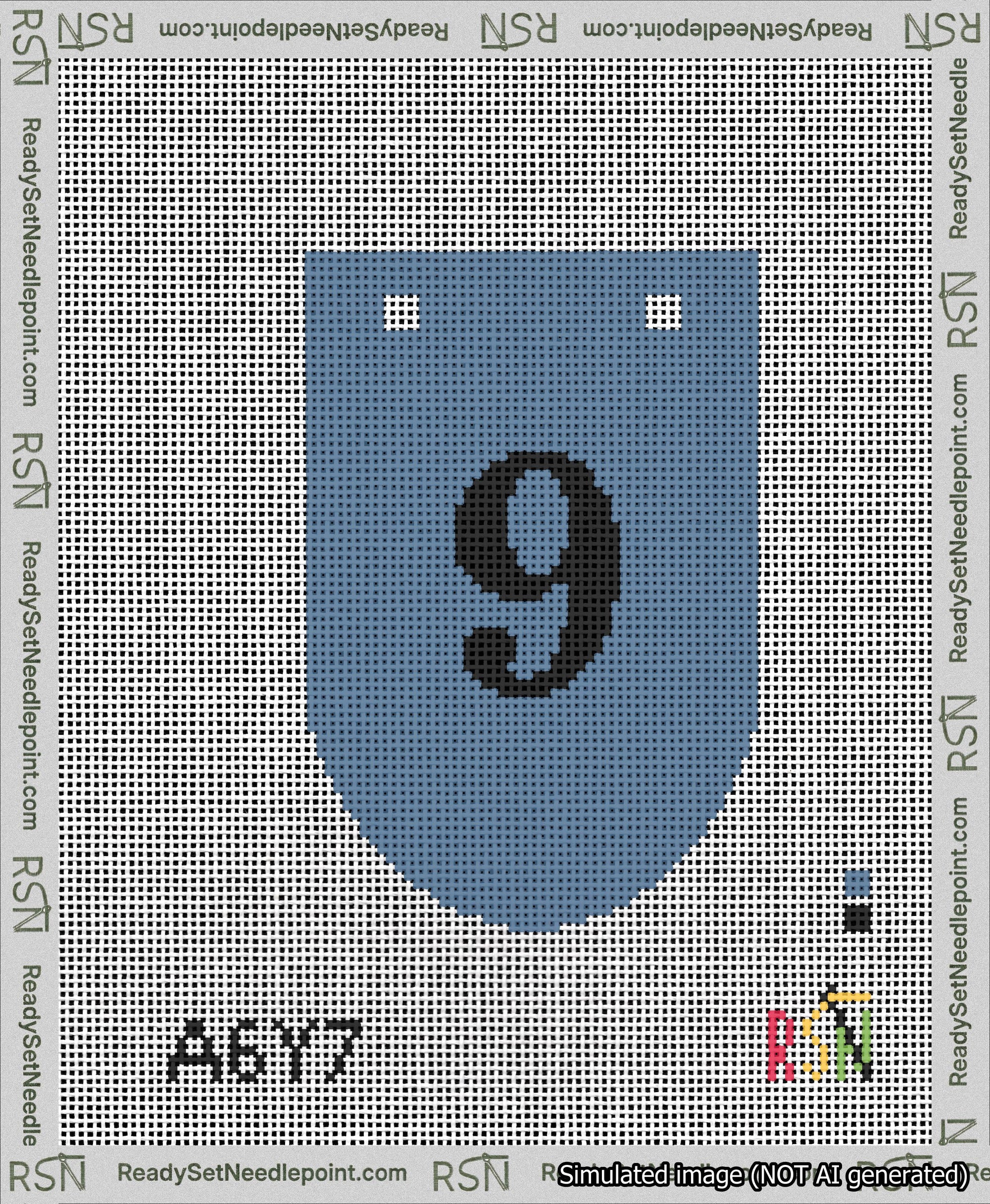 A taped needlepoint canvas with the design: Banner 13 mesh count Rounded 9 Black on Blue.