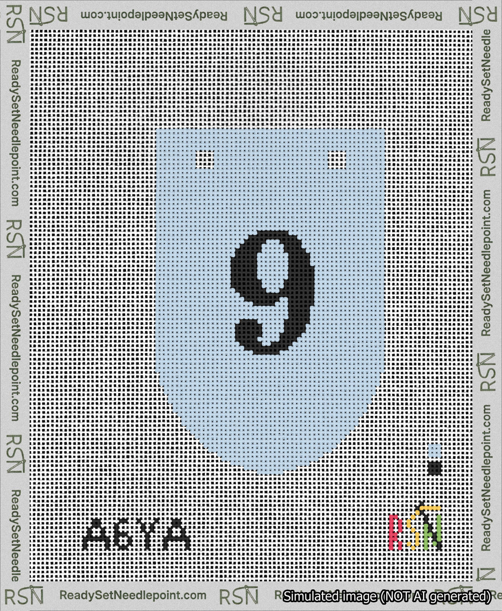 A taped needlepoint canvas with the design: Banner 13 mesh count Rounded 9 Black on Light Blue.