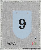 A taped needlepoint canvas with the design: Banner 13 mesh count Rounded 9 Black on Light Blue.