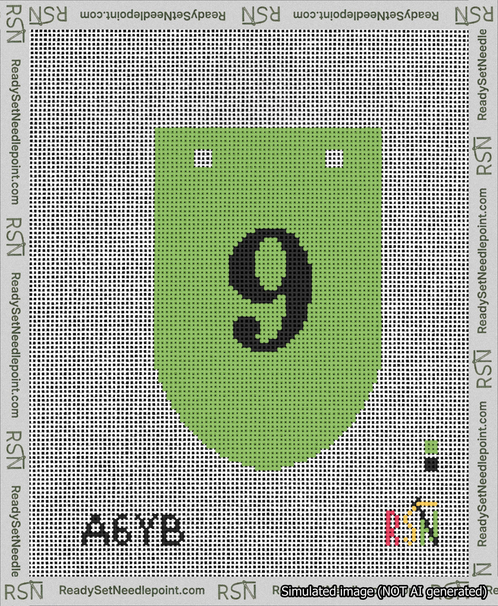 A taped needlepoint canvas with the design: Banner 13 mesh count Rounded 9 Black on Light Green.