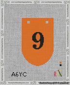 A taped needlepoint canvas with the design: Banner 13 mesh count Rounded 9 Black on Orange.