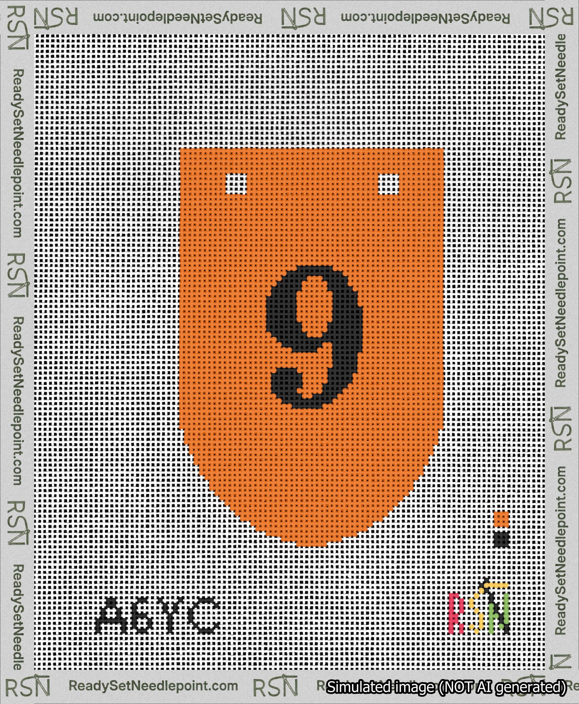 A taped needlepoint canvas with the design: Banner 13 mesh count Rounded 9 Black on Orange.