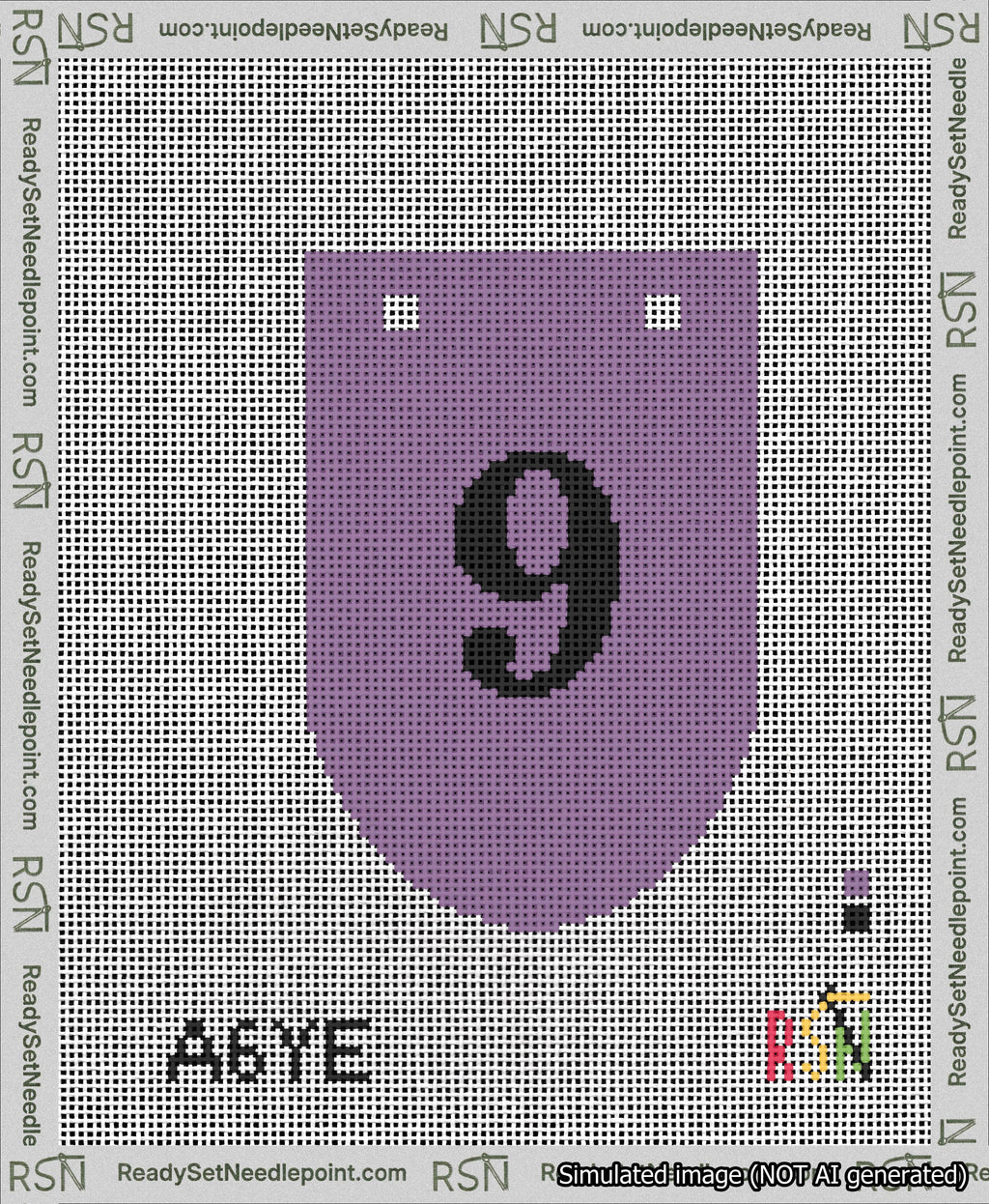A taped needlepoint canvas with the design: Banner 13 mesh count Rounded 9 Black on Purple.