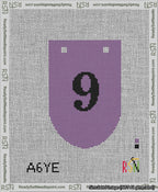 A taped needlepoint canvas with the design: Banner 13 mesh count Rounded 9 Black on Purple.