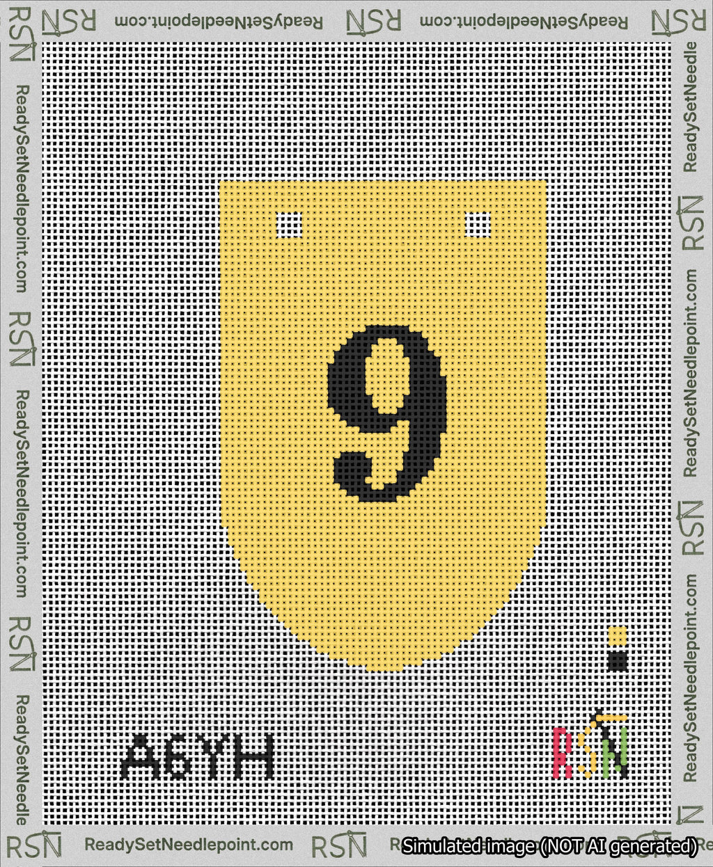 A taped needlepoint canvas with the design: Banner 13 mesh count Rounded 9 Black on Yellow.