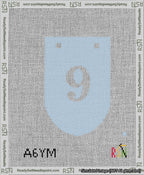 A taped needlepoint canvas with the design: Banner 13 mesh count Rounded 9 White on Light Blue.