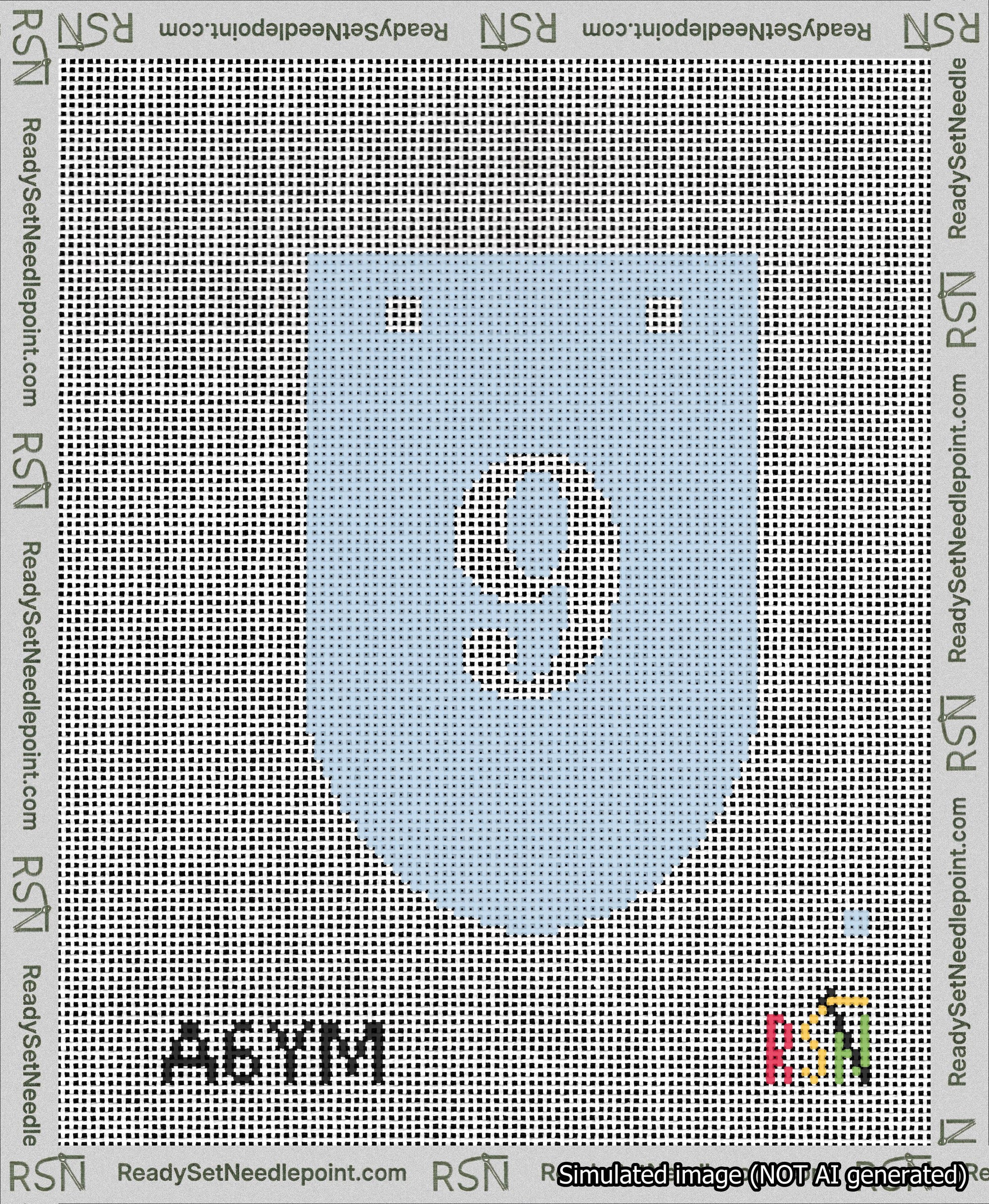 A taped needlepoint canvas with the design: Banner 13 mesh count Rounded 9 White on Light Blue.