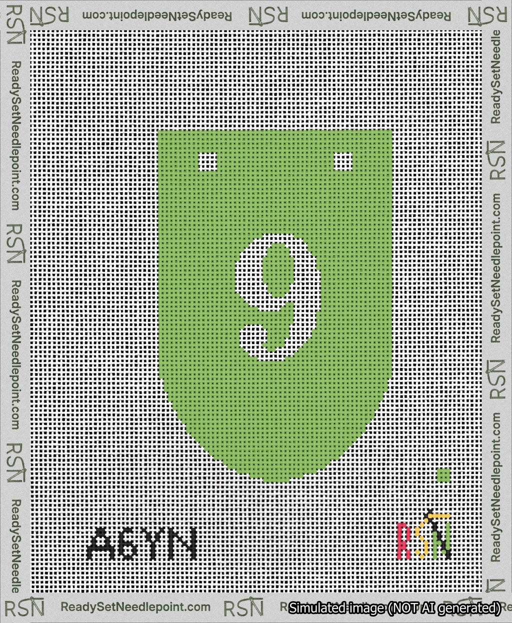 A taped needlepoint canvas with the design: Banner 13 mesh count Rounded 9 White on Light Green.