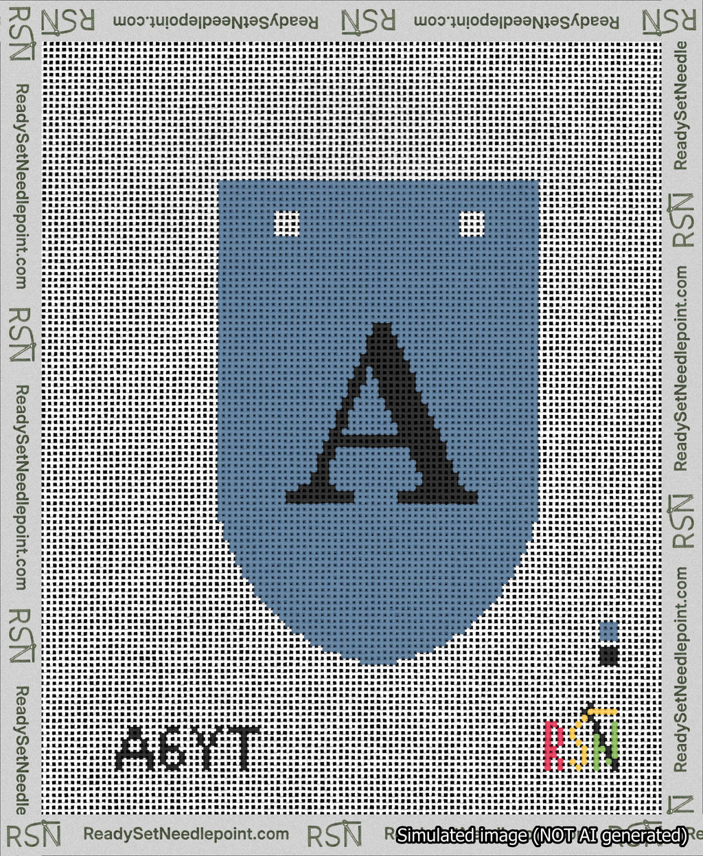 A taped needlepoint canvas with the design: Banner 13 mesh count Rounded A Black on Blue.