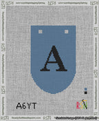 A taped needlepoint canvas with the design: Banner 13 mesh count Rounded A Black on Blue.
