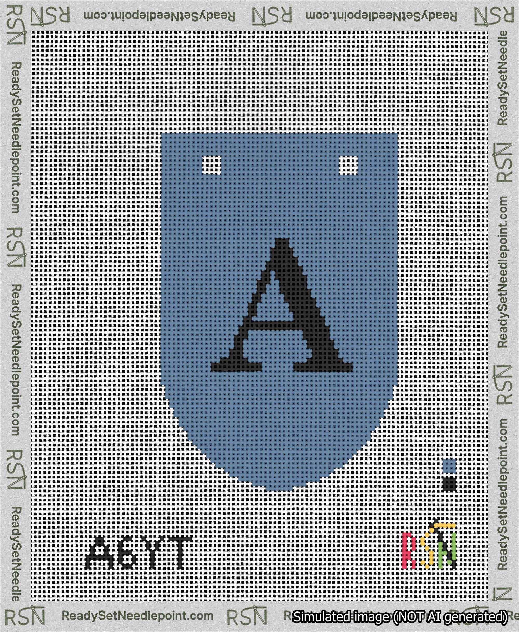 A taped needlepoint canvas with the design: Banner 13 mesh count Rounded A Black on Blue.