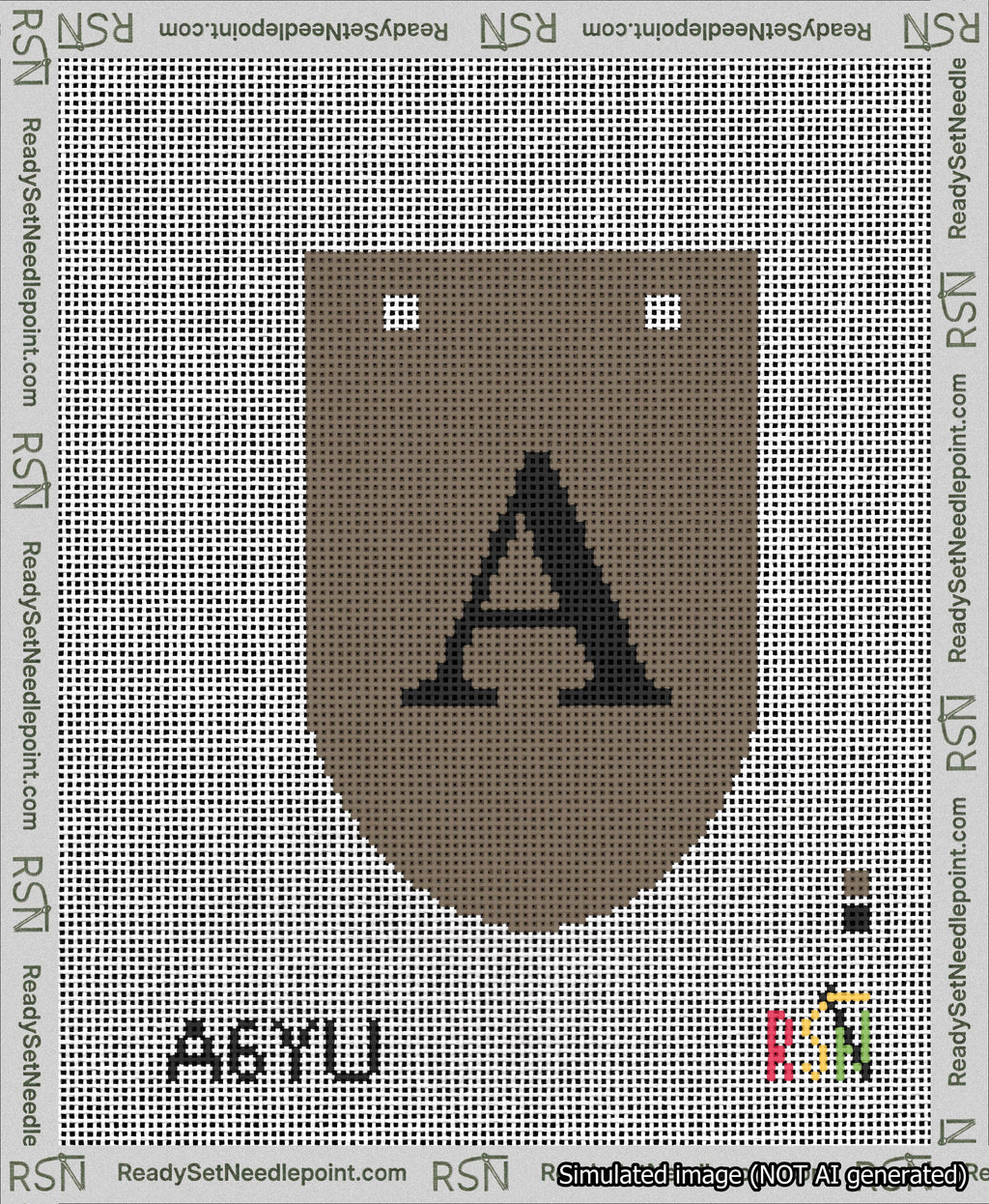 A taped needlepoint canvas with the design: Banner 13 mesh count Rounded A Black on Brown.